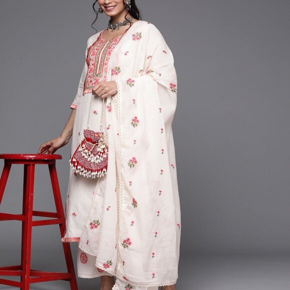 Shivansh Creations Off White, Pink & Green Embroidered Cotton Kurta Set, S-2XL - Picture 4 of 7